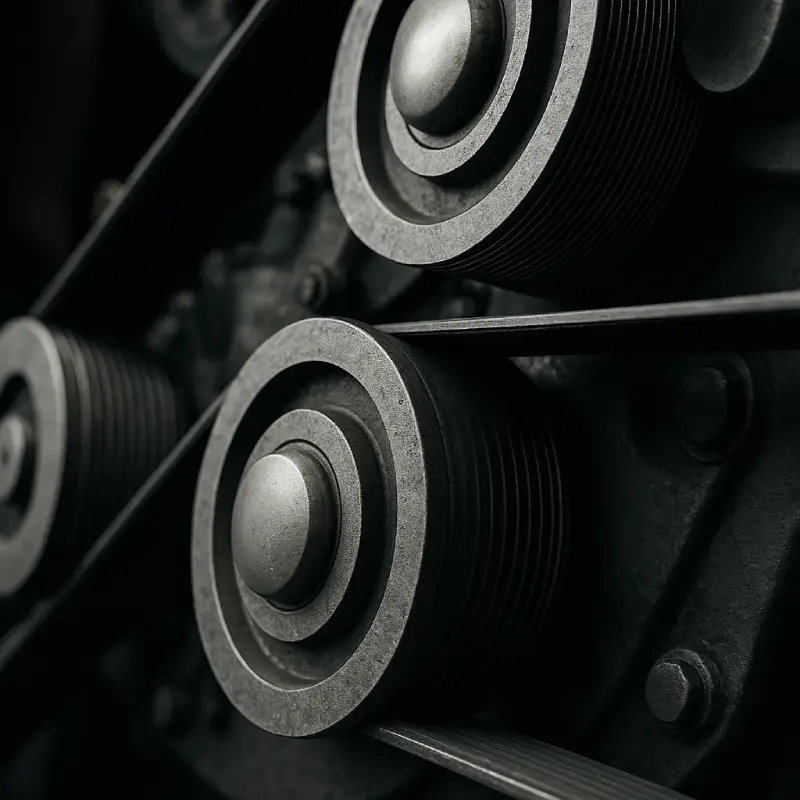 Close-up view of an automotive serpentine belt and pulley system highlighting engine tensioner components for repair and maintenance.