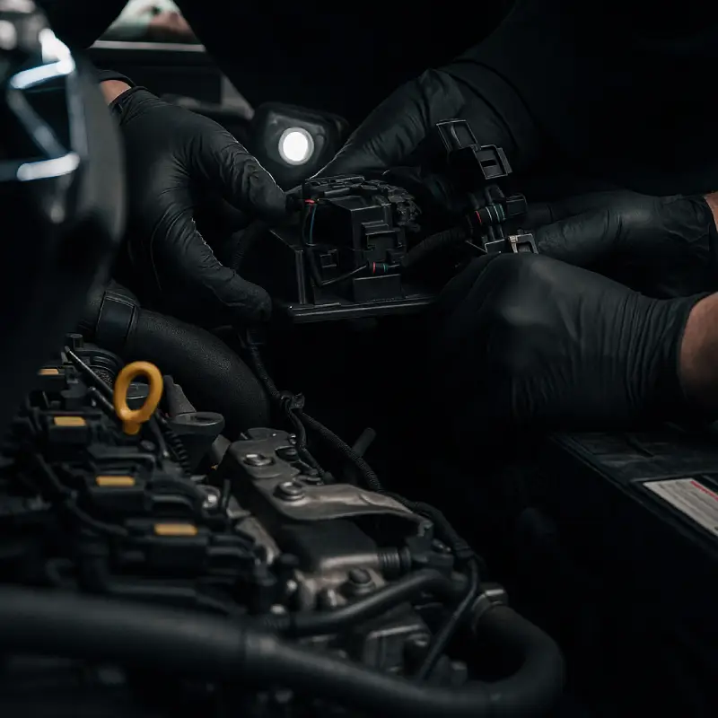 Mechanic wearing black gloves performing auto engine repair by inspecting and adjusting electrical connectors under the hood.