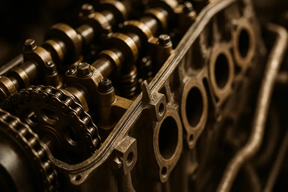 Close-up of camshaft and timing chain in a disassembled cylinder head, showcasing detailed engine repair work in progress.