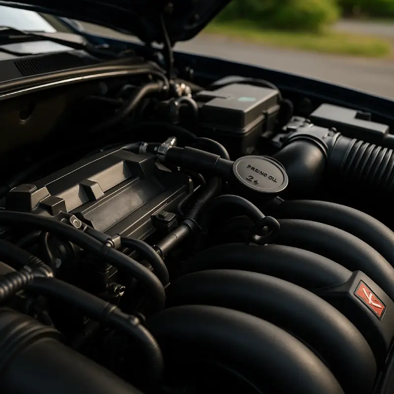 Close-up of a car engine showing detailed components during an engine diagnostic and performance repair service.