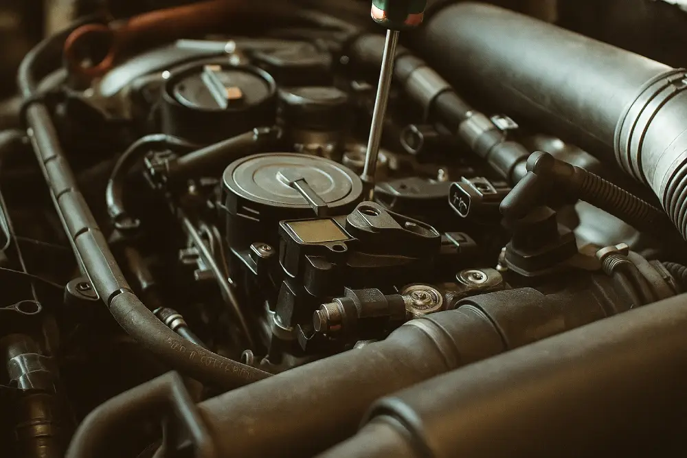 Close-up of a vehicle engine with tools inserted, showcasing fuel system maintenance, engine diagnostics, and component inspection in progress.