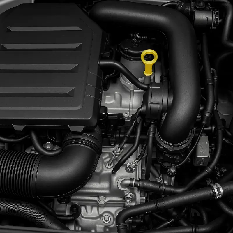 Close-up view of a modern car engine showing air intake system, oil dipstick, hoses, and plastic engine cover for vehicle maintenance and diagnostics.