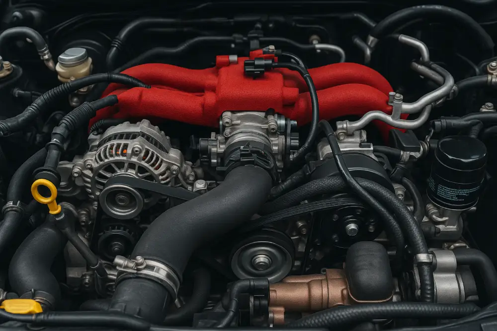 Close-up of a high-performance engine with red intake manifold and visible components, ideal for diagnostics, turbo repair, and intake system service.