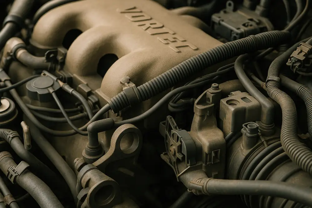 Detailed view of a Vortec engine with visible wiring, sensors, and intake components, ideal for topics on engine diagnostics, sensor issues, and auto engine repair solutions.